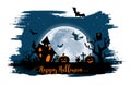 Halloween night background with a moon, haunted house, cemetery, pumpkins and a flying witch Royalty Free Stock Photo