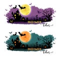 Halloween night background with a moon, haunted house, cemetery, pumpkins and a flying witch Royalty Free Stock Photo