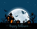 Halloween night background with a moon, haunted house, cemetery, pumpkins and a flying witch Royalty Free Stock Photo