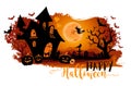 Halloween night background with a moon, haunted house, cemetery, pumpkins and a flying witch Royalty Free Stock Photo