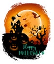 Halloween night background with a moon, haunted house, cemetery, pumpkins and a flying witch Royalty Free Stock Photo