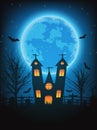 Halloween night background with naked trees, bat haunted house a Royalty Free Stock Photo