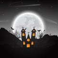 Halloween night background with naked trees, bat haunted house a Royalty Free Stock Photo