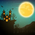 Halloween night background with naked trees, bat haunted house a Royalty Free Stock Photo