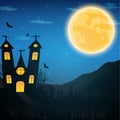 Halloween night background with naked trees, bat haunted house a Royalty Free Stock Photo
