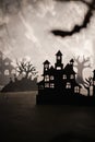 Halloween night background. Paper art. Abandoned village in a dark misty forest