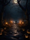 Halloween night background, pumpkin faces, black trees and a path to the lake, copy space.