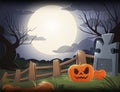 Halloween night background with pumpkin, grave and big moon. Vector illustration Royalty Free Stock Photo