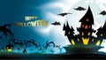 Halloween night background with pumpkin, haunted house, castle and full moon. Flyer or invitation template for banner, party, Invi Royalty Free Stock Photo