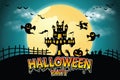 Halloween night background with pumpkin, haunted house and full Royalty Free Stock Photo