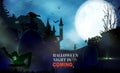Halloween night background with pumpkin, haunted house and full moon. Flyer or invitation template for Halloween party. Vector ill Royalty Free Stock Photo