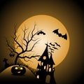 Halloween night background with pumpkin, haunted house and full moon - vector illustration Royalty Free Stock Photo