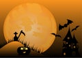 Halloween night background with pumpkin, haunted house and full moon - vector illustration Royalty Free Stock Photo