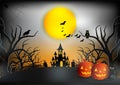 Halloween night background with pumpkin, haunted house and moon. Vector illustration Royalty Free Stock Photo