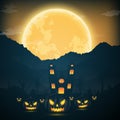 Halloween night background with pumpkin, naked trees, bat haunted house and full moon on dark background Royalty Free Stock Photo