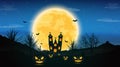 Halloween night background with pumpkin, naked trees, bat haunted house and full moon on dark background Royalty Free Stock Photo