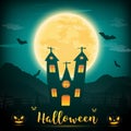 Halloween night background with pumpkin, naked trees, bat, haunt Royalty Free Stock Photo