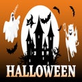 Halloween night background, pumpkins, bat, tree, moon and dark castle. Royalty Free Stock Photo