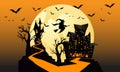 Halloween night background, pumpkins, bat, tree, moon and dark castle. Royalty Free Stock Photo