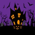 Halloween night background, pumpkins, bat, tree, moon and dark castle. Royalty Free Stock Photo