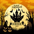 Halloween night background, pumpkins, bat, tree, moon and dark castle. Royalty Free Stock Photo