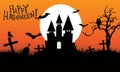 Halloween night background, pumpkins, bat, tree, moon and dark castle. Royalty Free Stock Photo