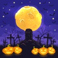 Halloween night background with pumpkins on cemetery and moon Royalty Free Stock Photo