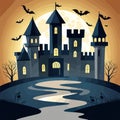 Halloween night background, pumpkins and dark castle against background Royalty Free Stock Photo