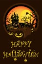 Halloween night background, pumpkins and dark castle.Halloween brown poster. Royalty Free Stock Photo