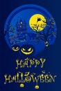 Halloween night background, pumpkins and dark castle. Halloween dark blue poster.