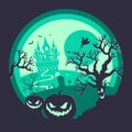 Halloween night background, pumpkins and dark castle. Halloween poster green. Royalty Free Stock Photo