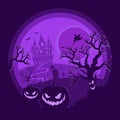 Halloween night background, pumpkins and dark castle.Halloween poster purple. Royalty Free Stock Photo