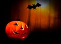Halloween night background with scary bat and pumpkin Royalty Free Stock Photo