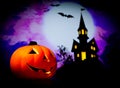 Halloween night background with scary house and bat and pumpkin Royalty Free Stock Photo