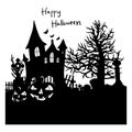 Halloween night background with silhouette castle vector illustration sketch doodle hand drawn with black lines isolated. Using