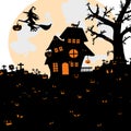 Halloween night background with silhouette of naked trees, tomb. Royalty Free Stock Photo