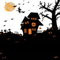 Halloween night background with silhouette of naked trees, tomb. Royalty Free Stock Photo