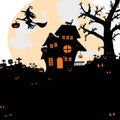 Halloween night background with silhouette of naked trees, tomb. Royalty Free Stock Photo