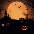 Halloween night background. Spooky graveyard with full moon, trees silhoettes, castle, flying bats and pumpkins jack-o Royalty Free Stock Photo