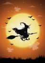 Halloween night background with witch and full moon Royalty Free Stock Photo