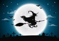 Halloween night background with witch and full moon Royalty Free Stock Photo