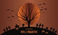 Halloween night background, Witch, Haunted House, Pumpkins and Bats.