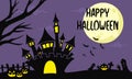 Halloween night background, Witch, Haunted House, Pumpkins and Bats.