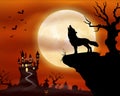 Halloween night background with wolf howling, castle and full moon Royalty Free Stock Photo