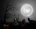 Halloween night background with wolf howling, pumpkins, castle and full moon Royalty Free Stock Photo