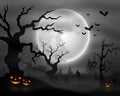 Halloween night background with wolf howling, pumpkins and full moon Royalty Free Stock Photo