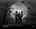 Halloween night background with zombie walking, pumpkins, castle and full moon Royalty Free Stock Photo