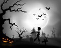 Halloween night background with zombie walking, pumpkins and full moon Royalty Free Stock Photo