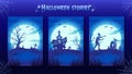 Halloween night backgrounds, illustrations in blue colors. Collection. Glowing moon, zombie, witch house