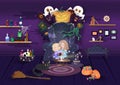 Halloween night, bedtime story fantasy, haunted room decoration with pumpkin, bats, ghost and monster, kid cartoon vector